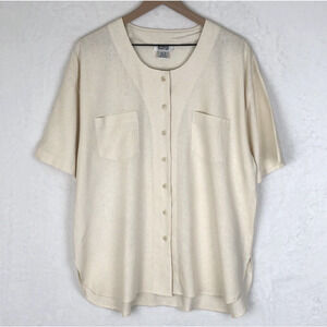 VTG SOSTANZA 100% Silk Top Women's Sz XL‎ Button Up Textured V-Neck Short Sleeve